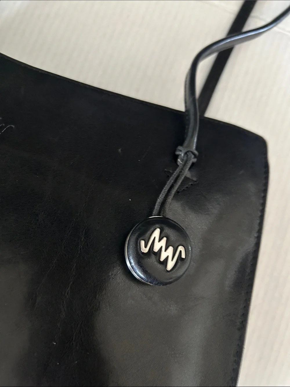 Monsac Black Leather Shoulder Tote with Logo Charm